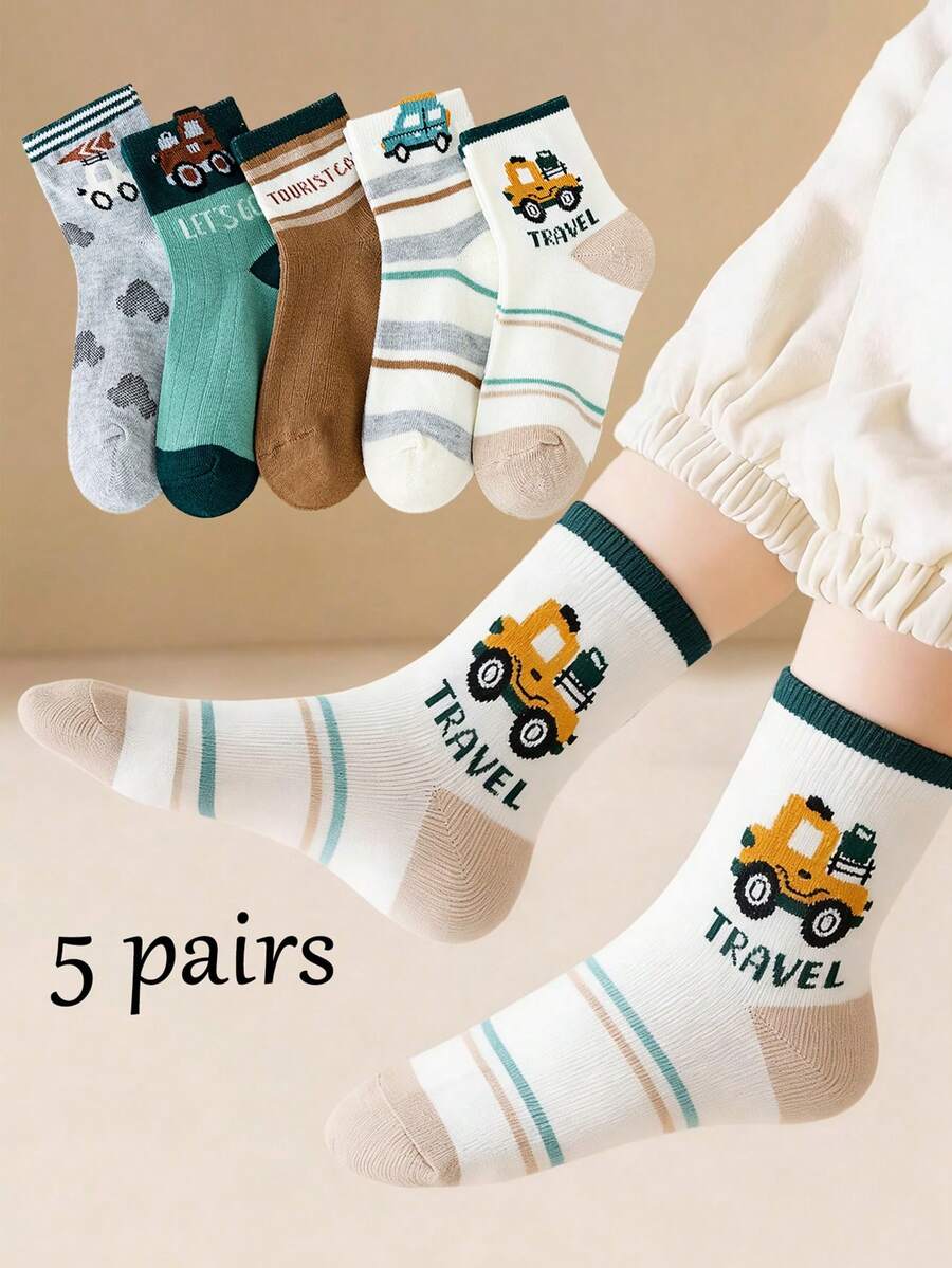 5 pares de calcetines para niños con diseño de coche de dibujos animados, transpirables y resistentes al olor, adecuados para primavera, verano y otoño - Multicolor - Ver 1