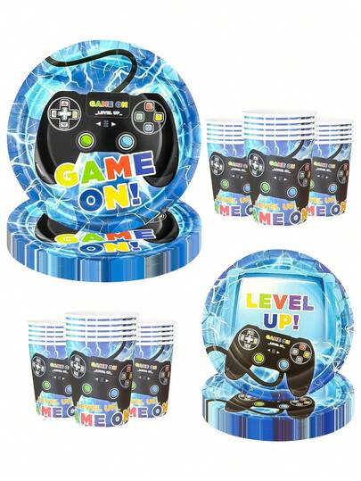 10件/30件/60件蓝色电子游戏主题生日装饰，游戏主题派对餐具套装，带游戏机图案，游戏主题餐盘和杯子，男女皆宜。
