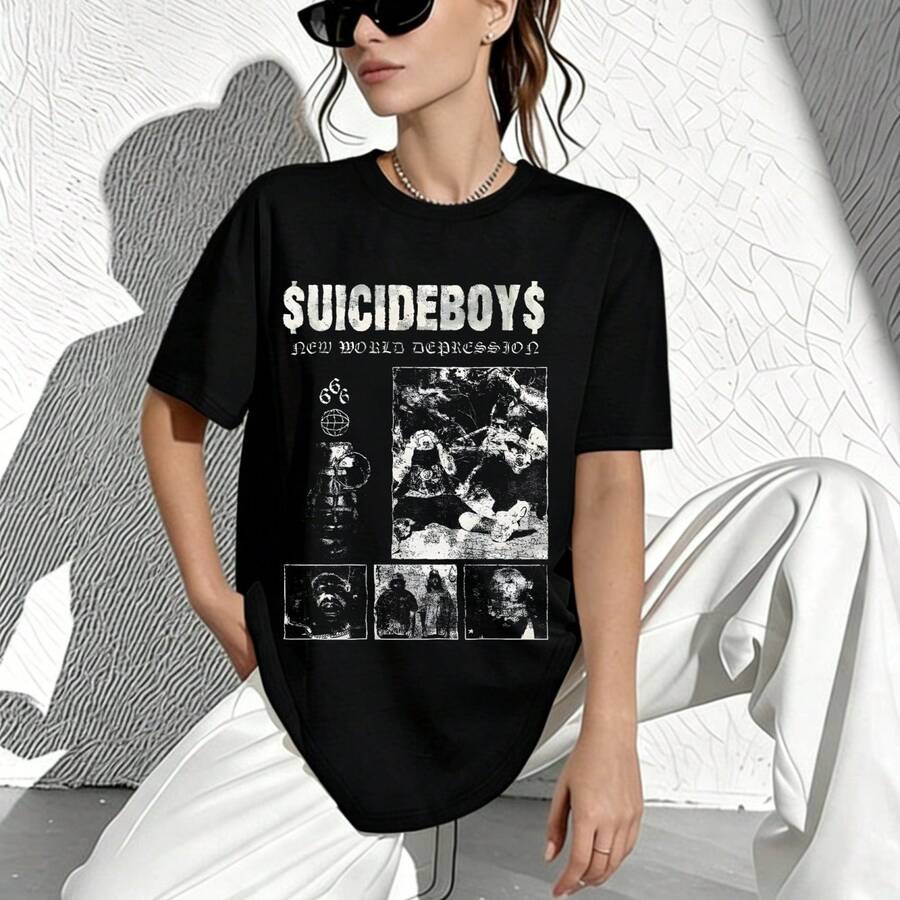 Uicideboy Vintage Graphic Print Black Cotton Casual T-Shirt - màu đen - Xem 1