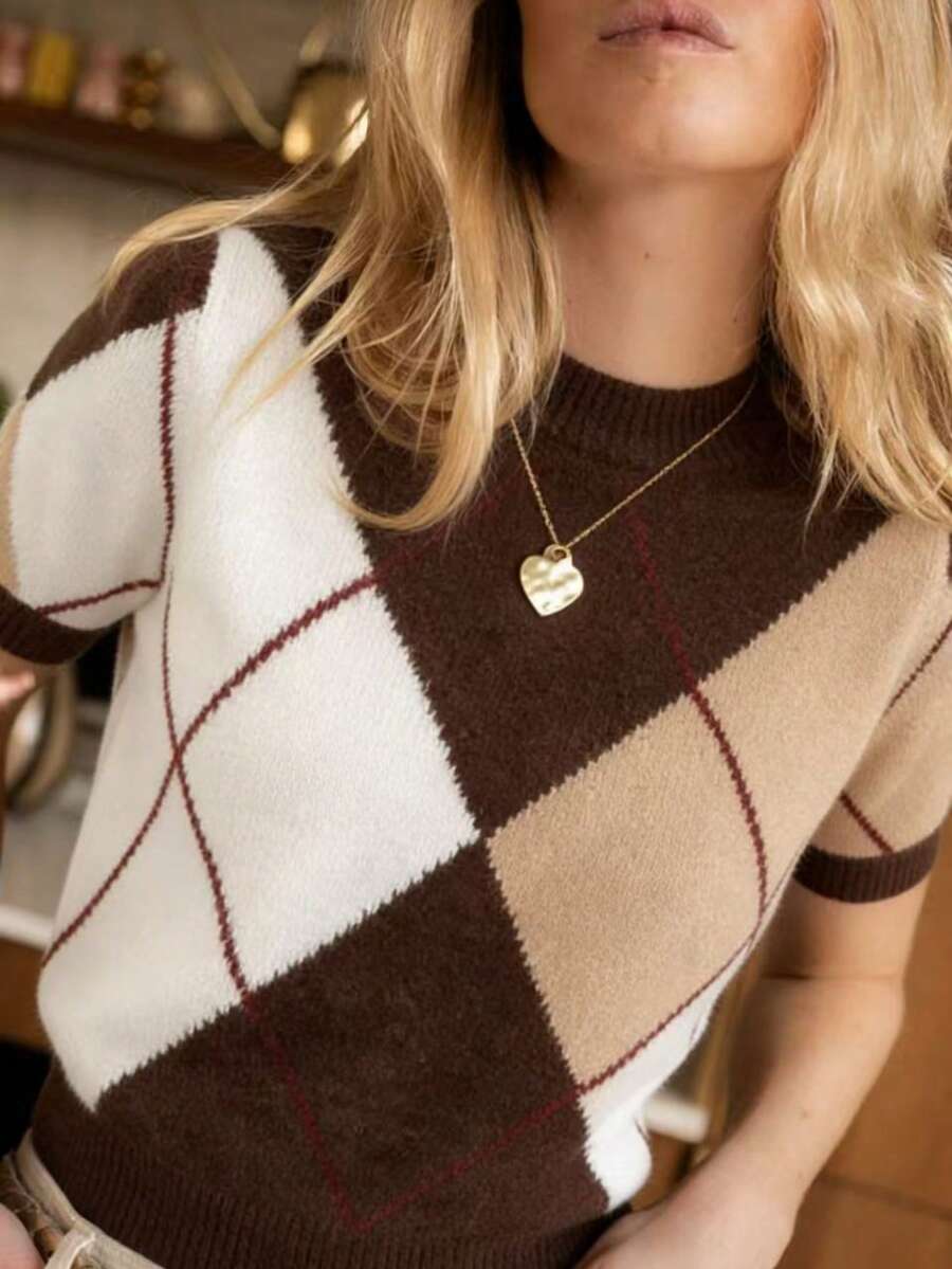 Áo len dệt kim họa tiết Argyle mới năm 2026, áo dệt kim tay ngắn cổ tròn dành cho nữ, kiểu dáng thanh lịch, thoải mái, thích hợp mặc hàng ngày vào mùa xuân. - màu nâu - Xem 1