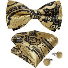 男士金色佩斯利花纹预系领结套装，包含领结、手帕、袖扣和胸针，适合婚礼、正式场合和派对等场合，是理想的礼物之选。 - 金色 - 查看 5
