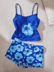 Traje de baño de mujer, conjunto de bikini con estampado floral, top con sujetador acolchado y shorts, estilo bohemio, adecuado para vacaciones, playa, natación y deportes, aplicable para otoño/invierno y primavera/verano SS26 - azul real - Ver 10