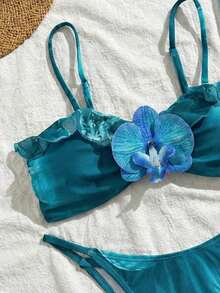 3pcs Women's Floral Print Elegant Sexy Backless 3D Flower Beach Dress Bikini Set, Spring/Summer Vacation - 薄荷藍 - 查看 4