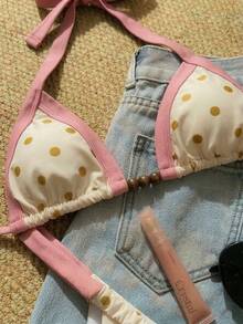 New Arrival Spring/Summer Beach Pool Party Vacation Fashion Sexy Elegant Casual Polka Dot Contrast Print Wide Trim Beaded Tie Neck Bikini Swimsuit For Women, Valentine's Day - Champagne - View 4