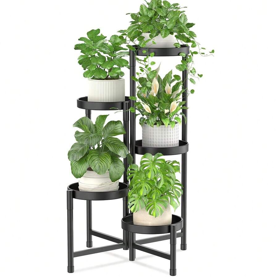 五层金属室内/室外植物架转角花架展示架，可折叠易组装，适用于阳台、露台、庭院、客厅，适合摆放兰花等盆栽植物。 - 5層-可折疊 - 查看 1