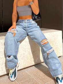 UMINOW 女士休闲浅色水洗破洞直筒牛仔裤，带口袋和拉链，长款无弹力春季款 - 藍色 - 查看 3