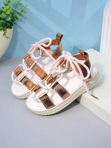 1 Pair Rose Gold Lace-Up Roman Style Princess Sandals, Sweet Summer Outfit For Girls - Rose Gold - View 4