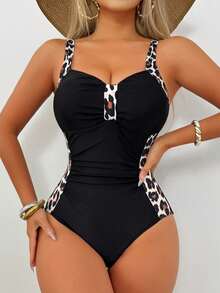 Summer Fashion V-Neck Printed One-Piece Swimsuit Women, Backless Criss-Cross Bikini Beach Outfit, Print Swimwear Vacation Black - Black - View 2