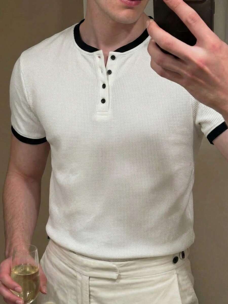 Men's Contrast Color Henley Neck Short Sleeve T-Shirt, Waffle Texture Loose Casual Versatile All-Match Tee For Summer