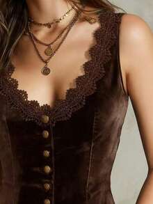 Women's Velvet Top, Lace Trim And Button Design Velvet Top Casual Vacation Summer - 藏蓝色 - 查看 11