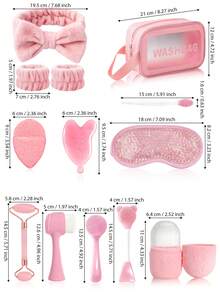 2/3/5/7/13件套面部美容按摩护肤工具套装，包含按摩板、滚轮、冰袋、眼膜、洁面刷、面膜刷、洗脸海绵、发带、腕带、洗漱包、化妆包 - 彩色 - 查看 2