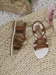 1 Pair Summer Kids Fashion Sandals, Classic Woven Strap Criss-Cross Elastic Slip-On Unisex Outdoor Flat Sandals - Brown - View 8