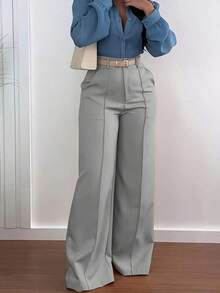 Jessefine Zippered Pockets Wide Leg Pants, Waistless Solid Color Suit Fabric, Brown, Elegant Commute Versatile Office School Daily Wear, Spring/Summer - 灰色 - 查看 4