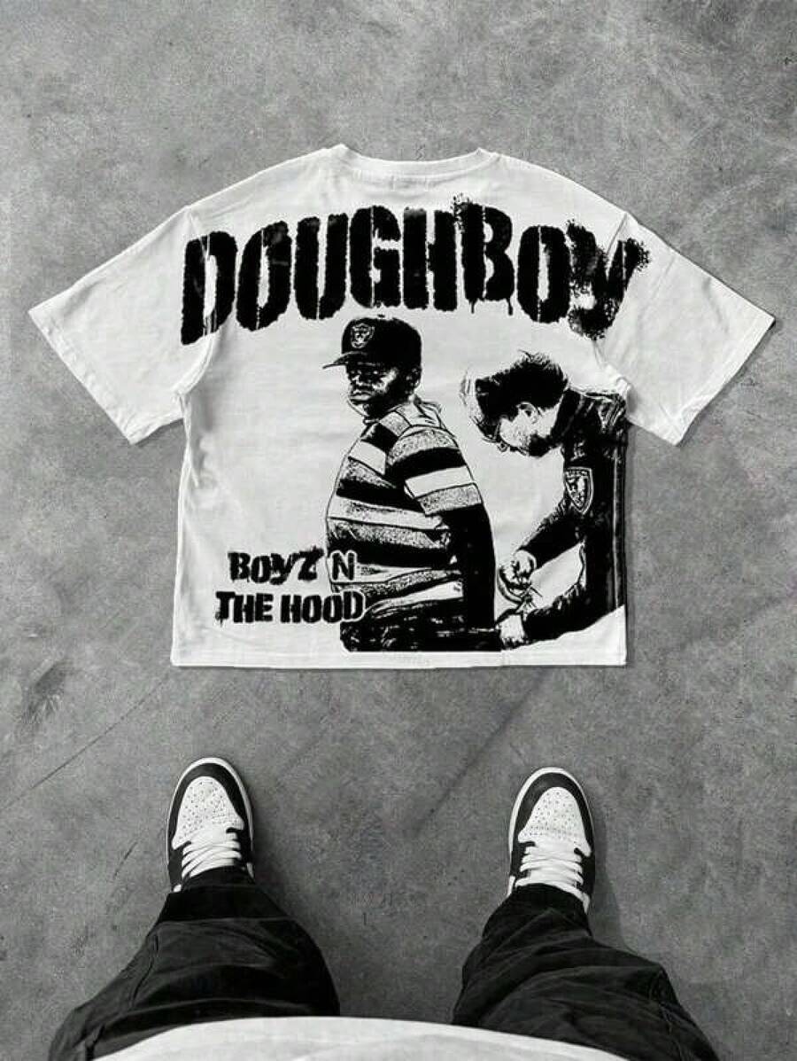 Graphic-Shirt Cotton Tees Size Plus,Streetwear Graphic Tee - 'DOUGHBOY' Urban Design With Hood Culture Silhouettes | Unisex Cotton T-Shirt ,Y2K,Oversized Shirt Men,Summer Tops - trắng - Xem 1