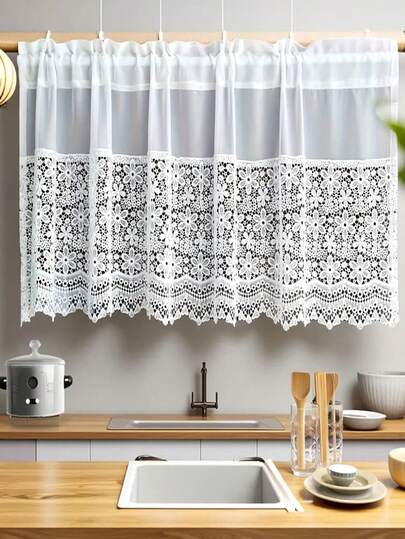 1pc New Bohemian Style White Sheer Lace Patchwork Embroidered Designer Kitchen Cafe Short Curtain, Small Window, Supermarket, Villa, Rural House, Balcony, Living Room, Bedroom Decor