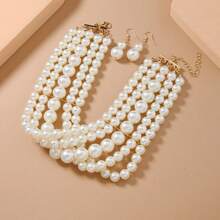 1pc Minimalist Multi-Layer Necklace, 1 Pair Pearl Earrings, 1 Set Jewelry Set. Elegant Faux Pearl Choker Necklace + Earrings Jewelry Set, Suitable For Women's Daily, Party, Or As A Perfect Gift - White - View 4