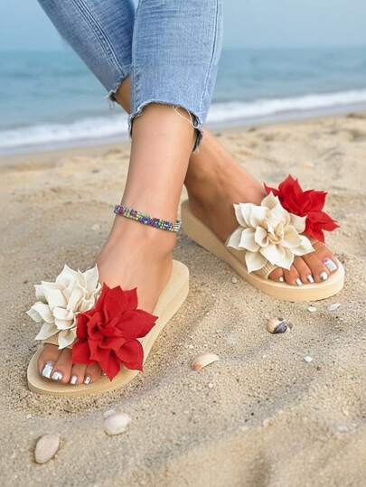1 đôi dép xăng đan đế dày chống trơn trượt màu đỏ trắng tương phản dành cho nữ tuổi teen, dép đi biển/nghỉ mát, dép xỏ ngón đế dày họa tiết hoa tươi mát.