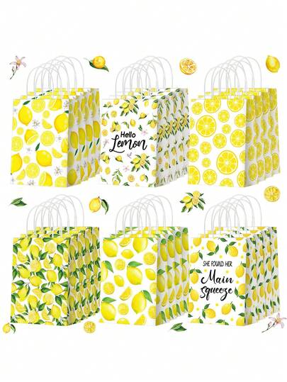 10pcs Lemon Pattern Gift Bags With Handles | Yellow Gift Bags | Summer Fruit Candy Gift Bags | Lemon Theme Party Gift Bags | Paper Bags Printed With Fresh Lemon Design, Suitable For Summer Weddings And Birthday Parties
