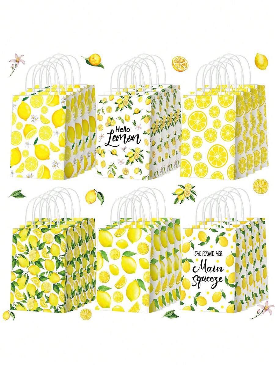 10个柠檬图案带提手礼品袋 | 黄色礼品袋 | 夏季水果糖果礼品袋 | 柠檬主题派对礼品袋 | 印有清新柠檬图案的纸袋，适合夏季婚礼和生日派对