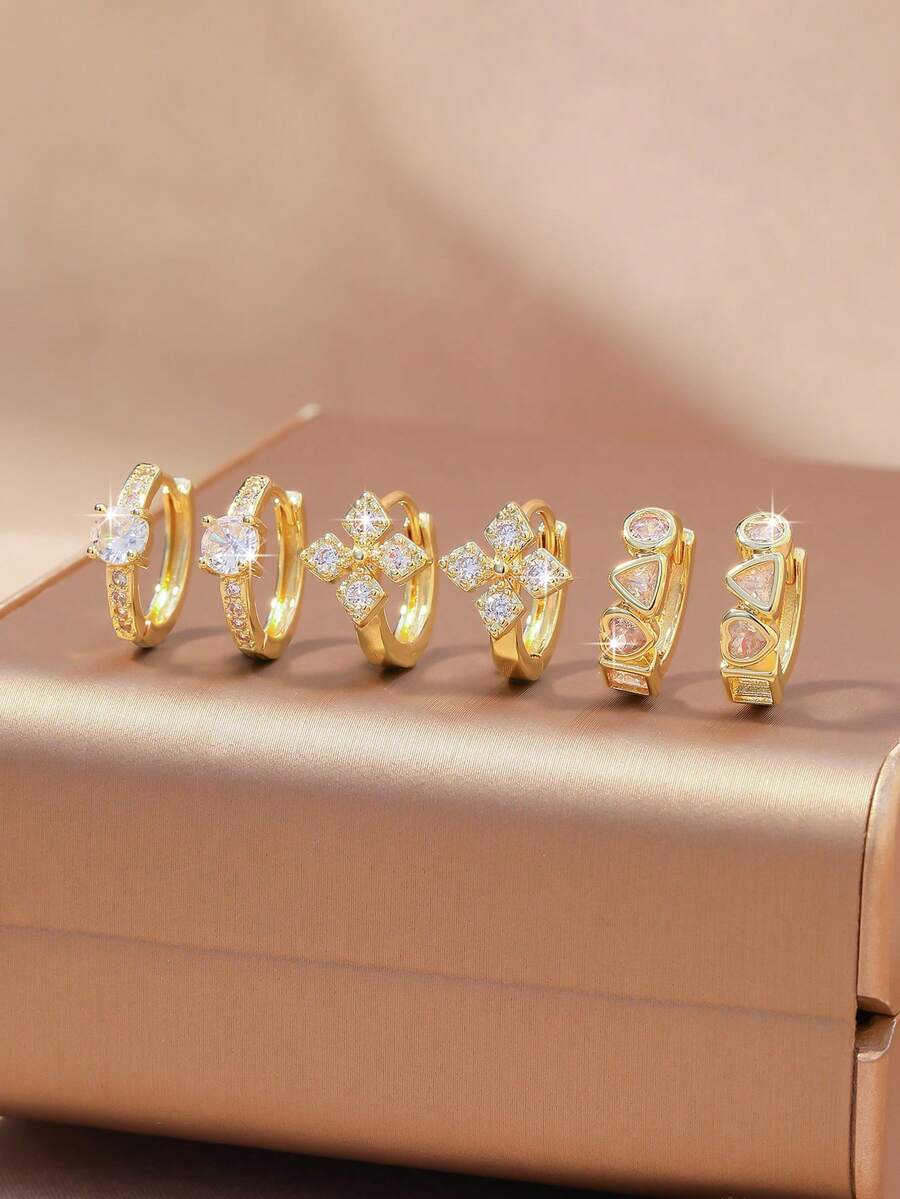 6pcs Set Elegant Luxury Gold Earrings, Cubic Zirconia Inlaid Heart & Leaf Design, 18K Gold Plated Copper, Suitable For Women's Daily, Date, Party Wear And Gift - Gold - View 1