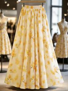 Versatile Minimalist Yellow Floral Print Maxi Skirt , Spring/Summer Brunch - Yellow - View 7