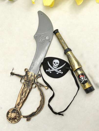 3件套海盗角色扮演道具（逼真的刀、望远镜、眼罩），适合节日拍照、化装舞会、舞台表演、万圣节游戏、夏季服装