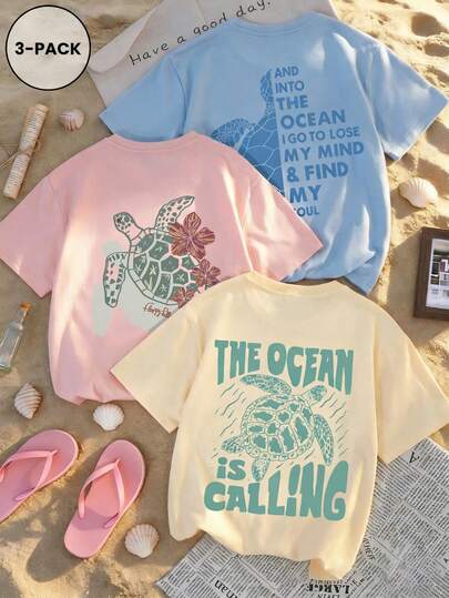 3pcs/Set Summer New Casual Sweet Sea Turtle & Letter Print Round Neck Short Sleeve T-Shirt, Fashionable & Versatile Women Tops