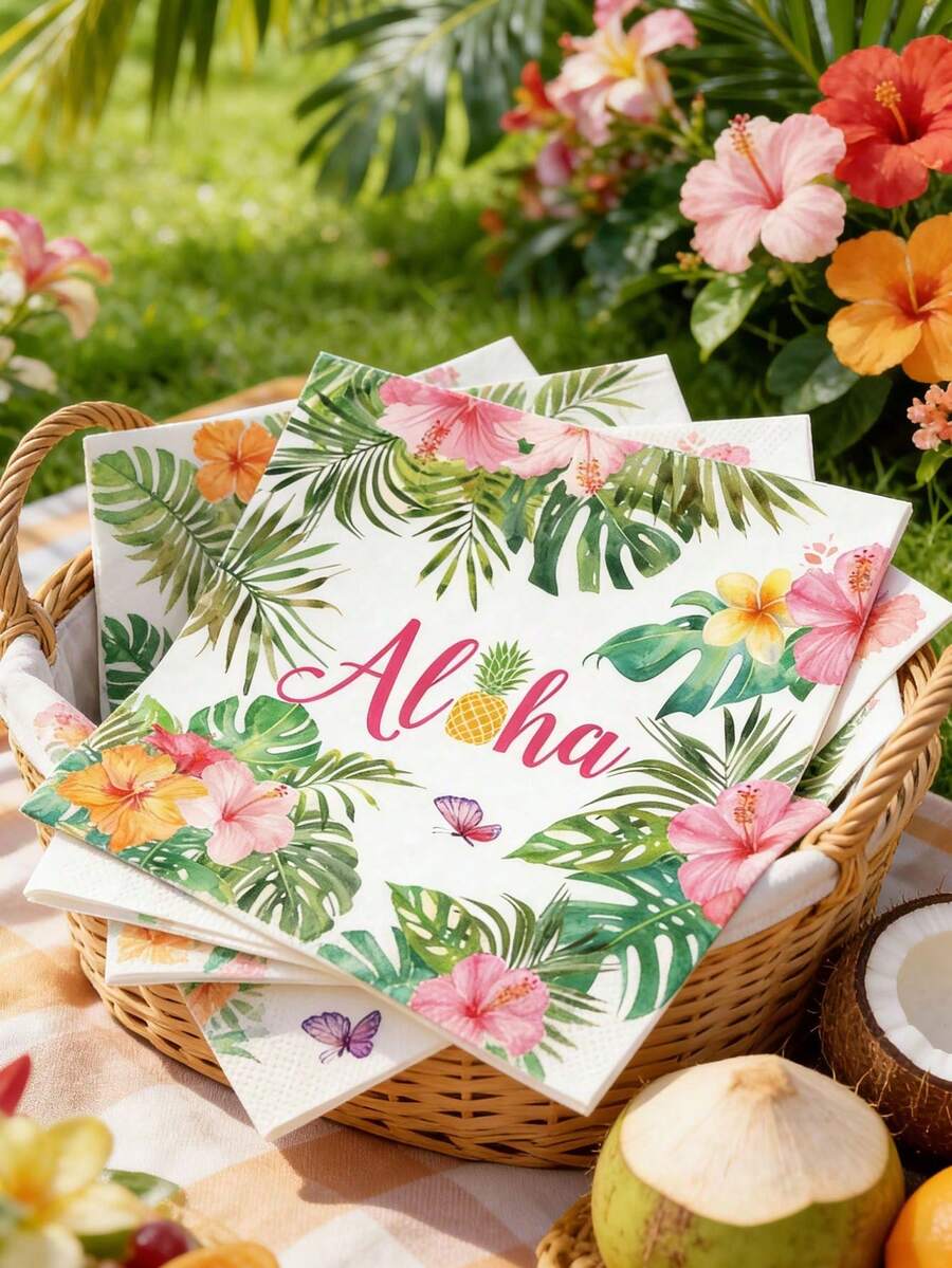 40pcs Hawaiian Themed Disposable Paper Napkins, Featuring Pineapple And Hibiscus Flower Patterns, Disposable Paper Party Supplies Suitable For Birthday, Wedding And Other Celebration Events - 33*33cm - View 1