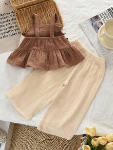 bearleader 2pcs/Set Girls' Summer Casual Floral Woven Texture Camisole Top And Pants Set - Brown - View 2