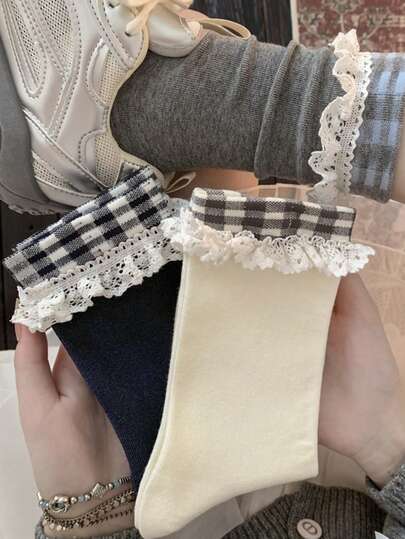 3 Pairs Random Gray & Blue Plaid Lace Trim Socks, Vintage Checkered Visible Socks, Personalized Mid-Calf Socks For Women