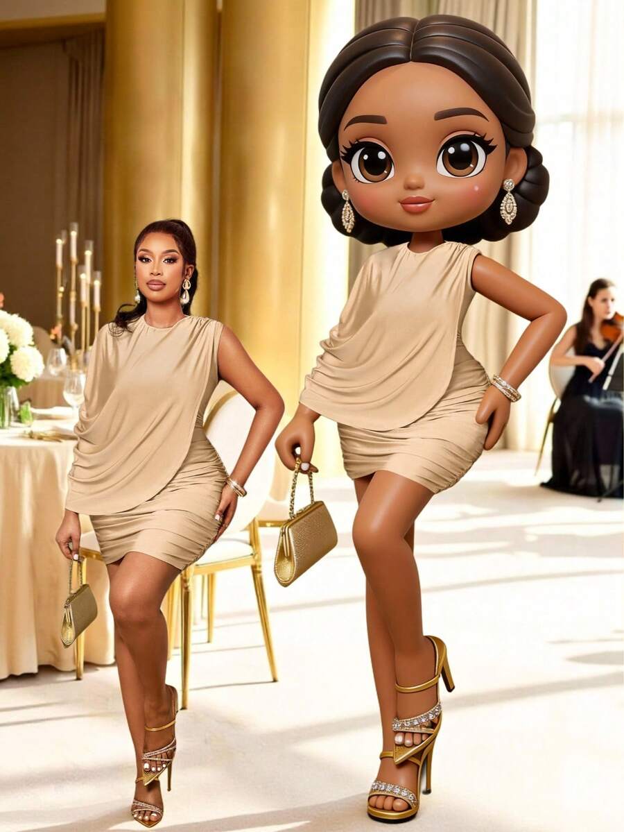 BIUBIU Plus Size Beige Elegant Party Dress - Draped Sleeveless Ruched Bodycon Mini Dress Suitable For Summer Vacation And Events - Apricot - View 1