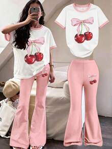 Bộ 2 món áo và quần short mùa hè cho bé gái, áo thun tay ngắn dáng rộng in hình hoa anh đào và nơ, áo và quần ống loe, kiểu dáng tối giản, phù hợp cho mùa hè, ở nhà và các hoạt động ngoài trời. - Hồng - Xem 11