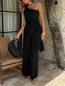 PoPoHouse 女士黑色优雅两件套夏季度假海滩休闲通勤办公室时尚婚礼派对外出套装，单肩褶皱上衣和阔腿裤套装 - 黑色 - 查看 8