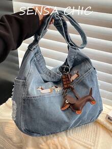 Este es un bolso de mezclilla lavada con un hermoso diseño estampado. Cuenta con una correa para el hombro ajustable, una gran capacidad y se puede usar como bolso cruzado, bolso de estudiante, bolso de lona de estilo japonés para mujer o bolso minimalista de estilo coreano para el hombro. - Azul - Ver 8