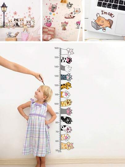 BRUP 1/2/4 hojas Lindo gráfico de crecimiento de la huella del gato para la pared de la habitación de los niños - Pegatina de medición de altura extraíble para niños pequeños y niños - Decoración de guardería con tema de animales adorables - Regalo perfecto para baby shower o cumpleaños