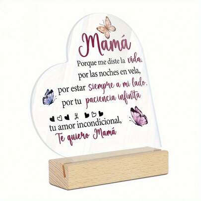 2D平面，普陀装饰经典心形亚克力标牌，带木质底座，适用于家居、农舍、壁炉、卧室装饰，多功能办公桌配件，办公用品，办公装饰