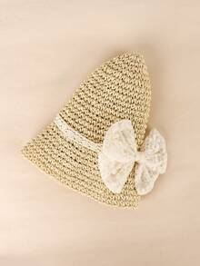1pc Girls' Lace Bow Foldable Paper Straw Sun Hat, Beach Sunshade - Beige - View 4