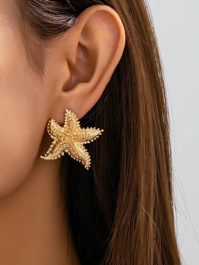 1对纹理金属海星耳钉，女士夏季海洋主题沙滩耳环，适合日常和度假佩戴