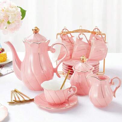 DUJUST 22 Pcs Porcelain Tea Set 6, Luxury British Style Tea/Coffee Cup Set With Golden Trim, Beautiful Tea Set Women, Tea Party Set, Package (With A Stand) - Pink