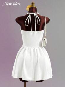 Women's Elegant Sweet & Spicy White Halter Tie-Waist Mini Dress, Front Button Pleated Soft Stretchy Fabric Sweetheart Neckline A-Line Hem Sweet & Fashionable Summer Dress, Suitable For Yacht, Beach Vacation, Party And Daily Outings - White - View 7