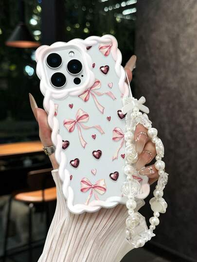 Custodia protettiva per telefono antiscivolo e spessa, con stampa, compatibile con iPhone 17/17 Pro/17 Pro Max, 16 XR/7/8, 15 Pro Max, 12 Pro Max, 13 Pro Max, 14 Pro Max, 13, 14, 11, 12P, 14, P11 Soft Shell, P12 Anti-Drop, XS, XR, 7/8P, 7/8GES2, con fiocco, bordo ondulato intrecciato dipinto, braccialetto rimovibile minimalista