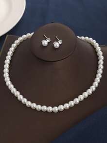 1 Necklace 1 Pair Earrings Simple Rhinestone Faux Pearl Micro-Inlaid Fashion Versatile Stud Earrings High-End Design Elegant Earrings Jewelry Set Suitable For Women's Daily And Festive Wear - White - View 2