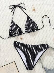 Swim Mod 2026 Spring/Summer Women's Spaghetti Strap Halter Neck Black Base White Polka Dot Random Print Sweet Cute Side High Cut Bikini Swimsuit 2-Piece Set - 黑與白 - 查看 11
