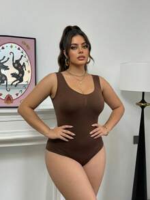 Zimi Collection Body sans couture grande taille, débardeur sans manches avec snap entre-jambes, vêtement d'activité, yoga, gym, entraînement, décontracté, basique - Acajou - Voir 5