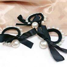 2pcs Faux Pearl Bow Hair Scrunchies Ponytail Holders Hair Elastics Hair Rubber Bands Hair Rope Elastic Hair Tie,Summer,Holiday,Travel - Black and White - View 2
