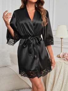 1pc Lace Trim Loose Satin Robe, Bridesmaid Gift & Wedding Party Sleepwear, Lace Trim Kimono Style Long Robe With Tie Belt, Summer Casual Loungewear, Back To School Pajamas, Soft Bathrobe & Homewear - Black - View 1