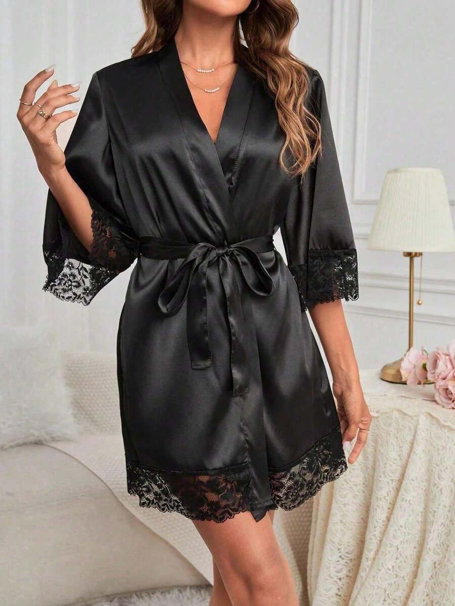 1pc Lace Trim Loose Satin Robe, Bridesmaid Gift & Wedding Party Sleepwear, Lace Trim Kimono Style Long Robe With Tie Belt, Summer Casual Loungewear, Back To School Pajamas, Soft Bathrobe & Homewear - Black - View 1