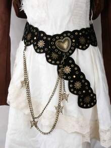 1pc Women's Vintage Western Metal Patchwork Heart-Shaped Belt, Y2K Retro Unique Vintage Feel Leather Belt With Butterfly Chain Pendant - Black - View 6