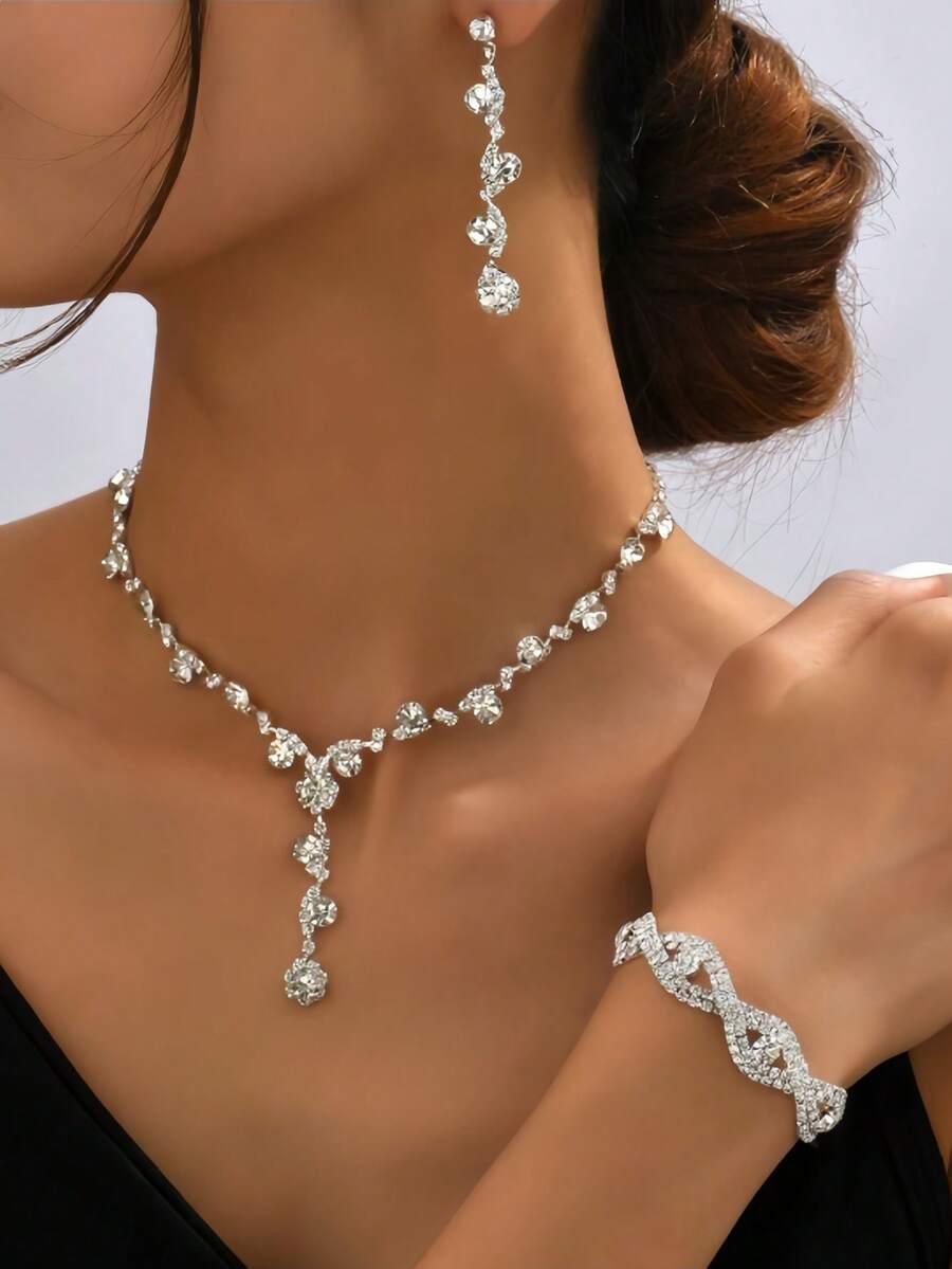 水钻项链首饰套装，花朵造型闪亮锆石吊坠项链、耳环和手链，适合新娘和伴娘佩戴 - 銀色 - 查看 1