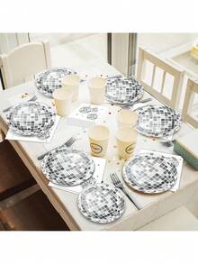 Bộ 20 đĩa ăn chủ đề vũ trường 9 inch và 1 đĩa giấy hình quả cầu disco bạc, bộ đồ dùng tiệc theo phong cách disco thập niên 1970 dành cho khách mời, tiệc mừng em bé, tiệc cưới, quà tặng. - Xem 4
